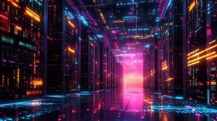 Poster - Neon-Lit Server Room with Reflective Floor