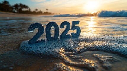 Poster - The sun sets over a tranquil beach, casting warm hues on the water while gentle waves softly embrace the glistening numbers that signify the upcoming year