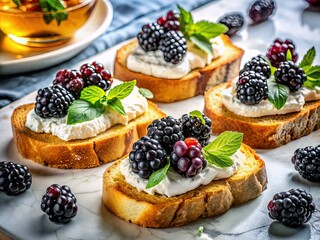 Fresh sweet bruschetta with creamy ricotta, juicy blackberries, and drizzle of honey on toasted bread, arranged artfully on a sleek marble table for a nutritious breakfast.