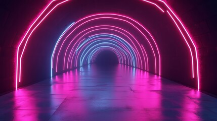 A 3D abstract background featuring neon lights and a neon tunnel, with a space-like construction. 3D illustration.