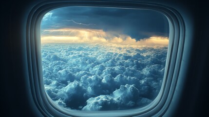 Aufkleber - Witness the captivating beauty of tumultuous clouds and a vivid sunset framed by the window of an aircraft soaring high above the earth