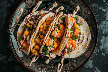 Poster - Mango salsa and creamy dressing with shrimp tacos