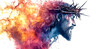 © Anoo - Jesus, crowned with thorns, emerges with captivating flames encircling him, radiating passion and spirituality in exquisite watercolor splashes