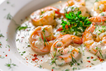 Wall Mural - Shrimp in creamy sauce with dill and parsley