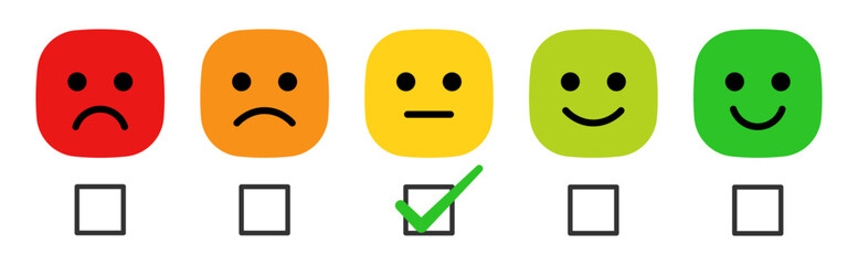 Aufkleber - Rating emoji set with check box and tick mark for customer feedback and product experience in colorful style. Rating emoji set in new square style with check box.