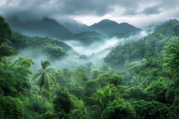 Poster - Lush green jungle with rolling hills and mist creating a serene, atmospheric scene.