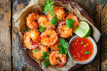 Wall Mural - Coconut shrimp with chili sauce and fresh cilantro