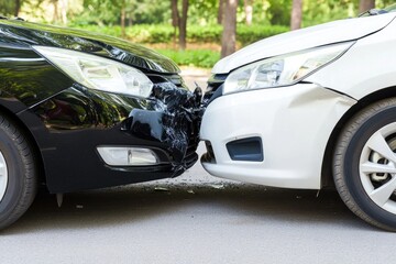 Bumpers of two cars show significant damage from a collision with debris scattered around