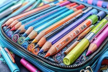 A vibrant collection of colored pencils and pens neatly arranged in a stylish pencil case, ideal for creative projects.