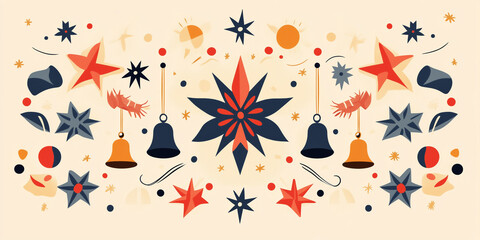 Wall Mural - Holiday decoration illustration with a symmetrical arrangement of bells, stars, and ornamental shapes, flat illustration