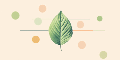 Poster - Single leaf surrounded by simple geometric patterns, centered on a blank background, flat illustration