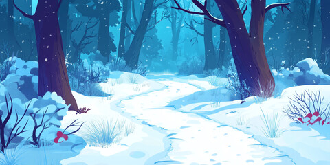 Sticker - Snow-covered path winding through a dense forest, flanked by tall trees and frozen branches, flat illustration