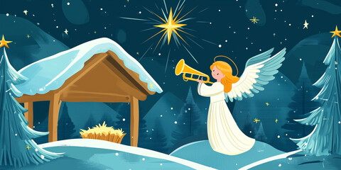 Wall Mural - Angel holding a trumpet floating above a manger scene with a shining star, flat illustration