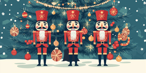 Wall Mural - Three identical nutcrackers in front of a large decorated Christmas tree with garlands, flat illustration