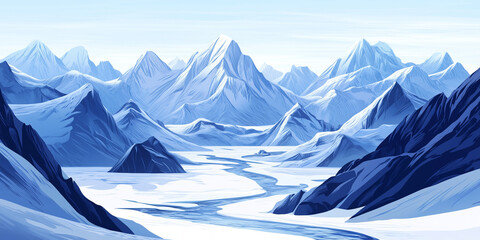 Wall Mural - Mountain range with snow-covered peaks, frozen rivers, and streams in the valleys, flat illustration