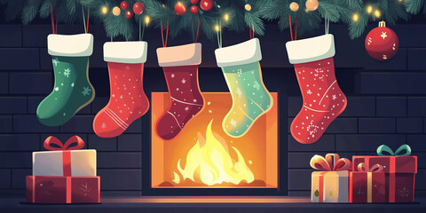 Wall Mural - Row of festive stockings hanging above a lit fireplace, with wrapped gifts underneath, flat illustration