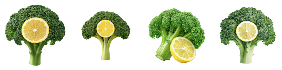 Four fresh green broccoli florets paired with lemon slices, showcasing a vibrant combination of vegetables and citrus on a white background.