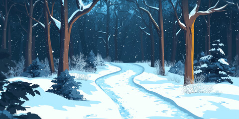 Wall Mural - Snow-covered path winding through a dense forest, flanked by tall trees and frozen branches, flat illustration