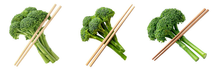 Three fresh broccoli florets paired with chopsticks, presented in different arrangements on a white background, showcasing an Asian-inspired culinary theme.