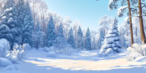 Wall Mural - Snow-covered forest with tall trees, ice-covered branches, and snow-laden ground under a clear sky, flat illustration