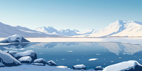 Wall Mural - Icy lake surrounded by snow-covered rocks and distant mountains under a clear sky, flat illustration