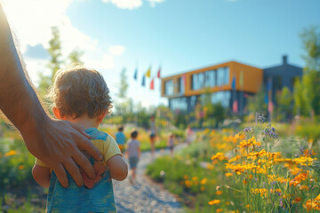 Boy entering school with his father