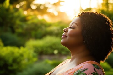 Wall Mural - Serene Reflection - Profile of Plus-Size Black Woman Finding Peace and Self-Acceptance in Tranquil Garden Silhouette