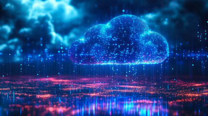 Poster - Digital Rain and Cloud Computing Concept Illustration with Blue Glowing Cloud Data Integration Technology Background