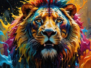  Colorful lion head portrait with dynamic splashes of paint in a vibrant artistic style