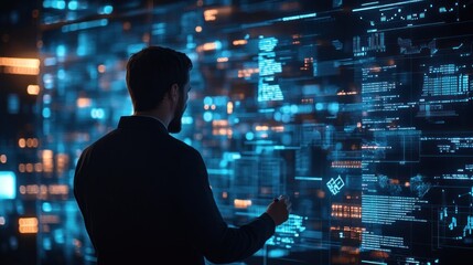 Poster - Man in Suit Interacting with Futuristic Digital Interface