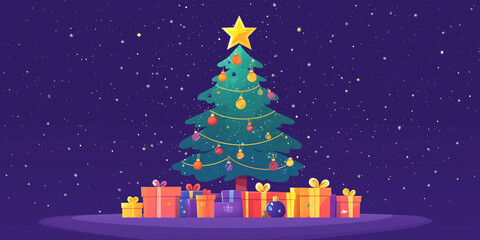 Wall Mural - Decorated fir tree with ornaments, a star on top, and wrapped presents beneath, flat illustration