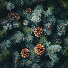 Poster - Close-up of pine cones and branches, conveying a festive and natural atmosphere with deep greens and earthy brown tones.