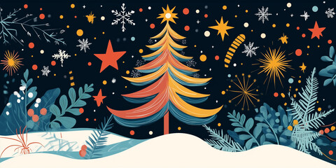 Poster - Holiday card with an abstract tree surrounded by stars and holiday motifs, flat illustration