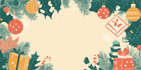 Wall Mural - Promotional flyer with holiday special text surrounded by festive decorations and Christmas ornaments, flat illustration