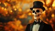 © QuietWord - gentleman skeleton wearing black top hat with tuxedo in autumn nature park with bokeh light