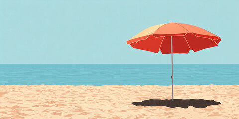 Poster - Simple beach umbrella tilted, with a blank space beneath for text, flat illustration