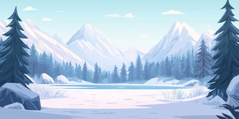 Wall Mural - Snow-covered landscape with tall trees, frozen lake, and distant mountain range, flat illustration