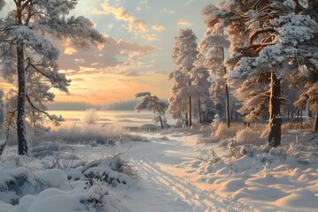 Wall Mural - Serene Winter Landscape at Dawn with Snow-Covered Trees and a Tranquil Lake