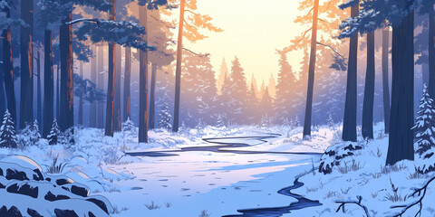 Sticker - Wintery forest with snow-covered ground, tall trees, and frozen river winding through, flat illustration