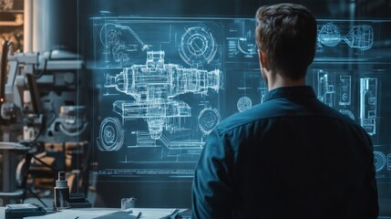 Poster - Man Examining 3D Hologram of a Machine Part in a Factory