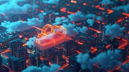 Poster - Glowing data clouds hover above a lively cityscape, creating a stunning blend of technology and urban architecture as night descends