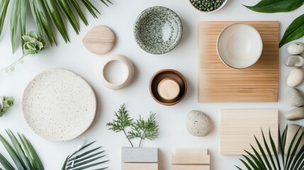 Poster - Minimalist Composition with Green Leaves, Ceramics, and Wood Elements