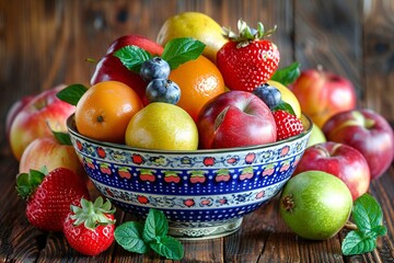 Close-up of a colorful fruit bowl on a rustic wooden kitchen table.