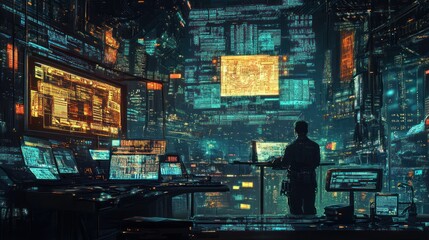 Leinwandbilder - A lone figure gazing out from a futuristic control room overlooking a city of glowing screens.