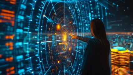 Poster - Nighttime Precision ESG Investment Analysis - Businesswoman Interactive Data Visualization, Cityscape, Futuristic Technology