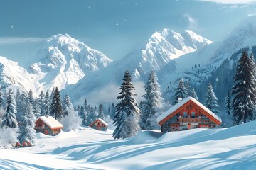 Wall Mural - Serene Winter Wonderland: Cozy Cabins Amidst Majestic Snow-Capped Mountains