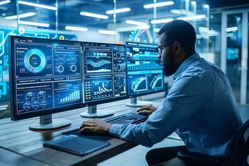 concept photo of a business analyst working on a computer with a dashboard displaying various key performance indicators and metrics related to finance, operations, sales