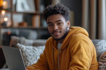 This is what I actually do on my off days. Shot of a handsome young man using his laptop while sitting on a sofa at home, Generative AI