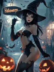 Canvas Print - witch on halloween, inscription 