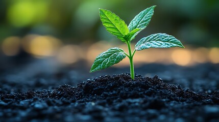 Wall Mural - A small green plant seedling sprouts from dark soil with a blurred green and orange background.